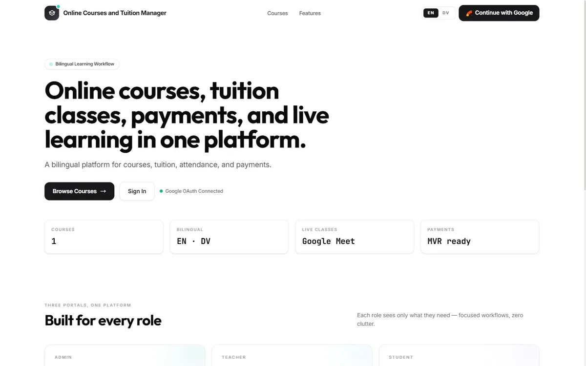 Online courses and tuition platform home page