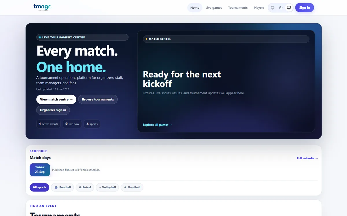 tmngr match centre home page for live tournaments